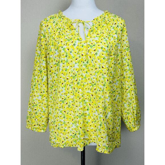 LOFT Yellow Floral Clip Tie Neck Blouse Ruffle Flowy Boho Large Peasant - Picture 1 of 14